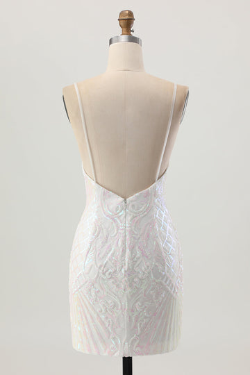 Sparkly White Bodycon Backless Sequin Short Prom Dress